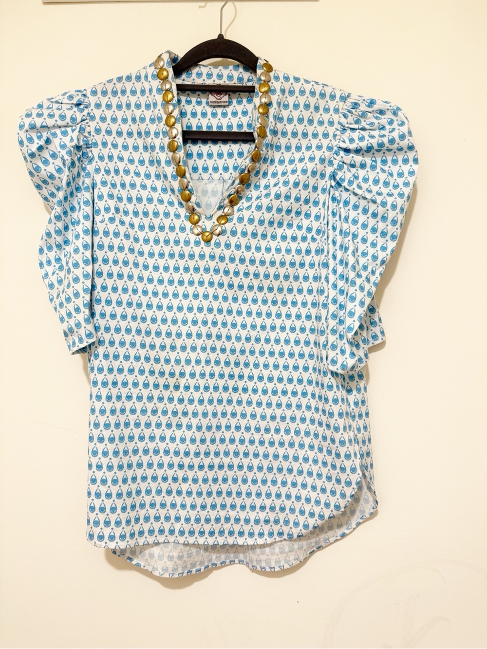 Blue Printed Puff-Sleeve V-Neck Blouse